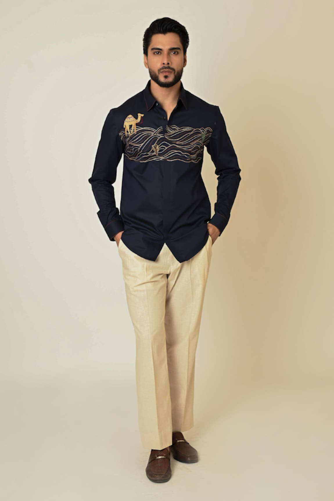 Paarsh Camel Cactus Embroidered Shirt