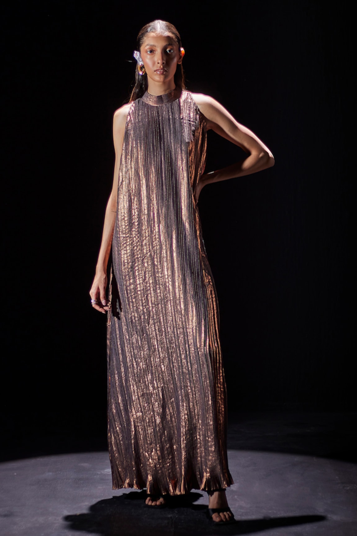 POOJA SHROFF Metallic Pleated Maxi Dress