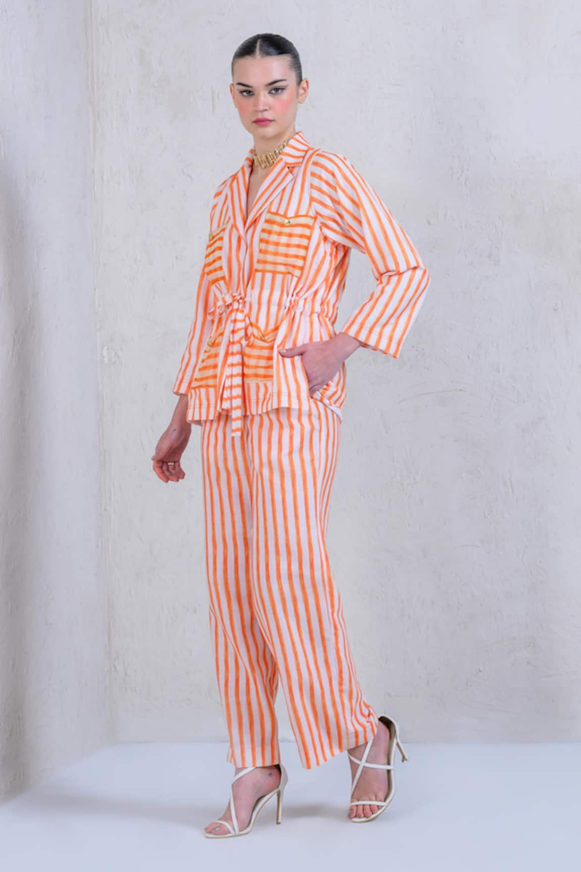 The Dramebaaz Co Mandarin Meadow Striped Print Shirt & Pant Set