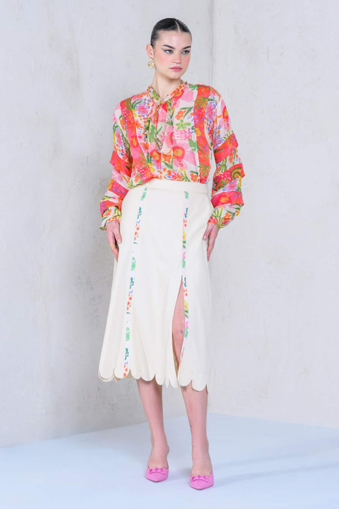 The Dramebaaz Co Botanic Magic Printed Front-Tie Shirt With Skirt