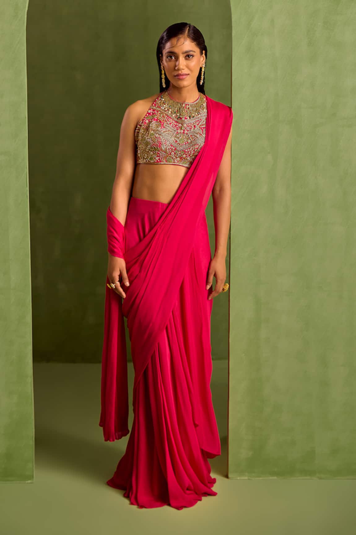 Neha Khullar Solid Pre-Draped Saree With Dabka Embroidered Blouse