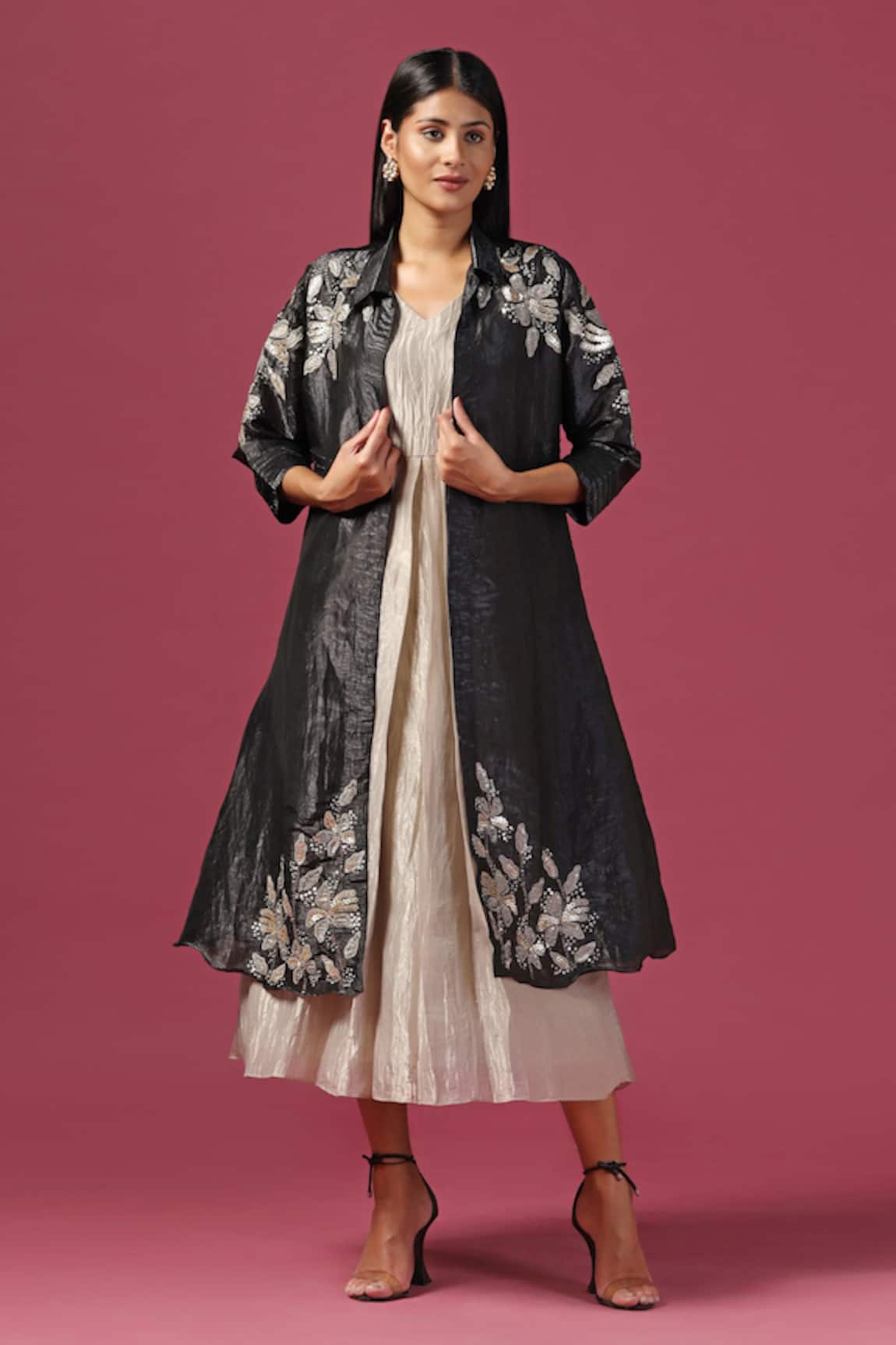 Two Sisters By Gyans Textured Dress With Embroidered Cape