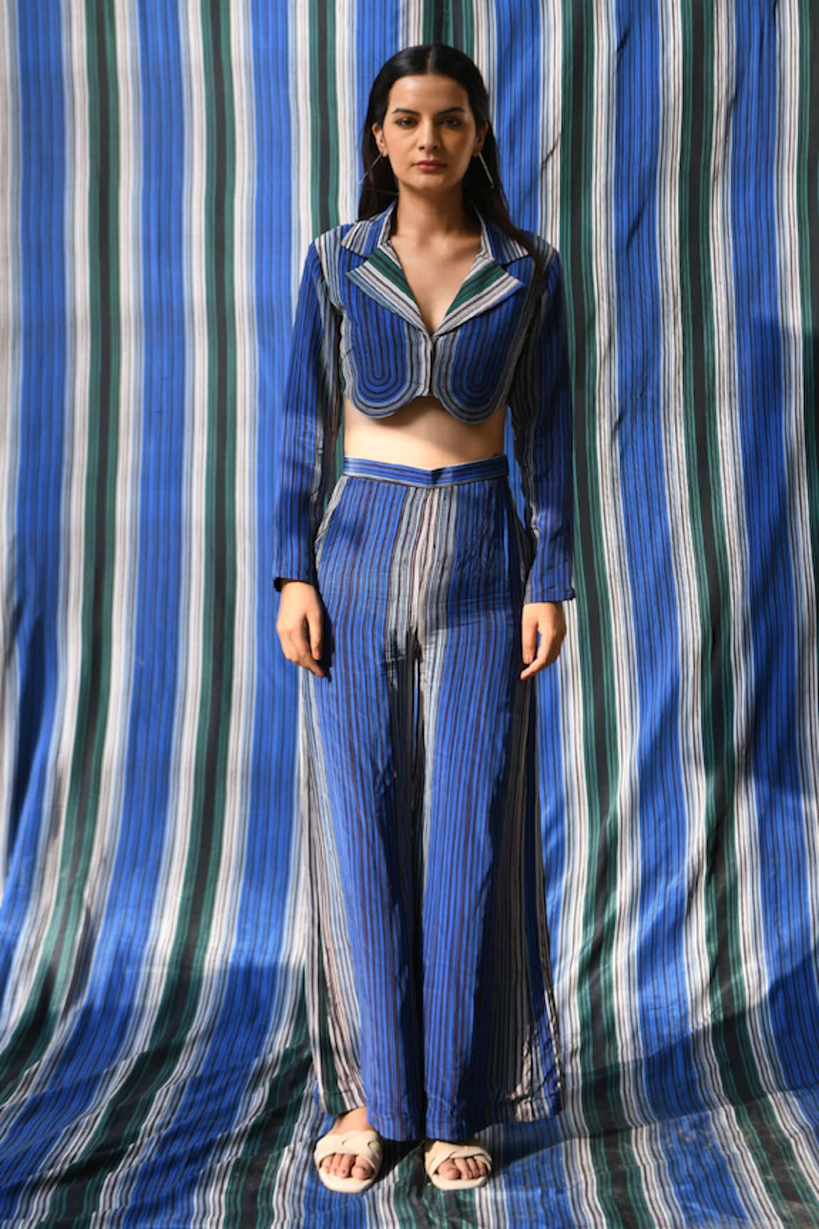 East14 Via Cupro Crepe Stripe Print Flare Pant