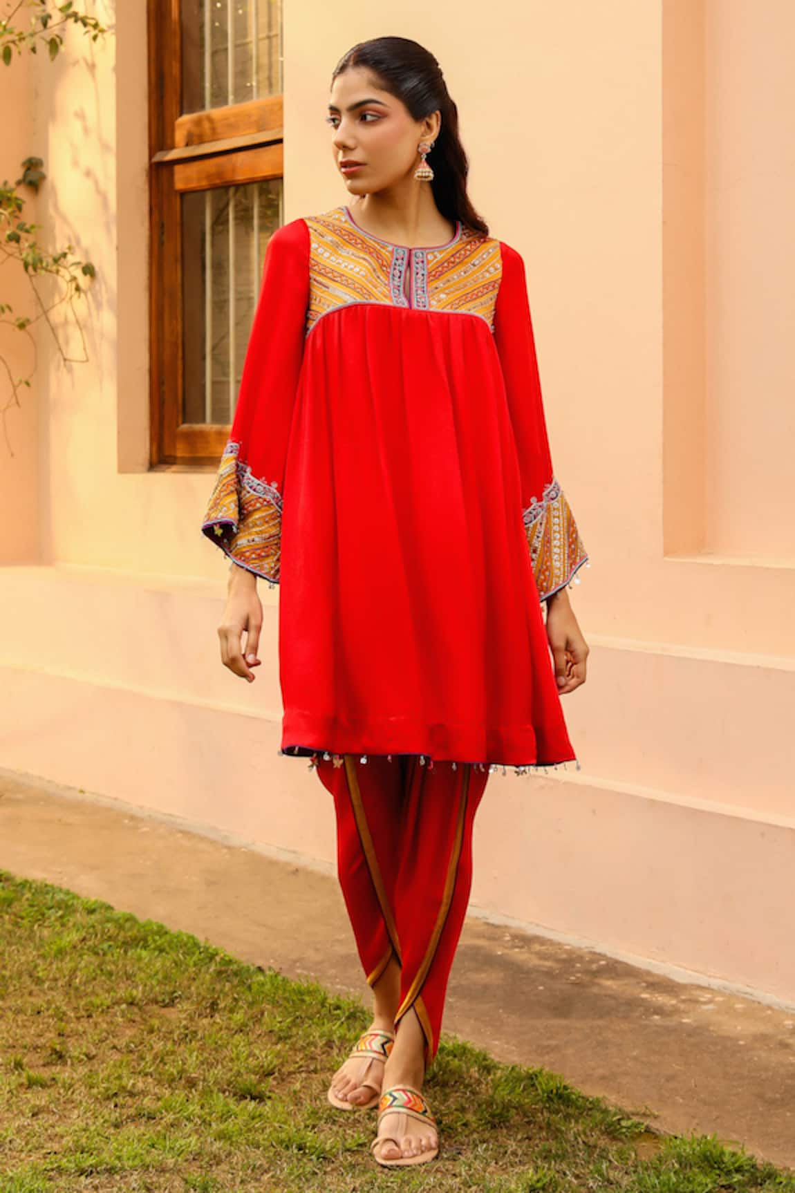 Bhawna Sethi Scarlet Embroidered Yoke Kurta With Tulip Pant