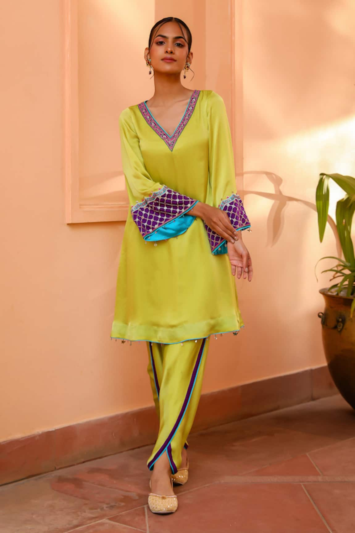 Bhawna Sethi Lime Hand Embroidered Neck Kurta With Tulip Pant