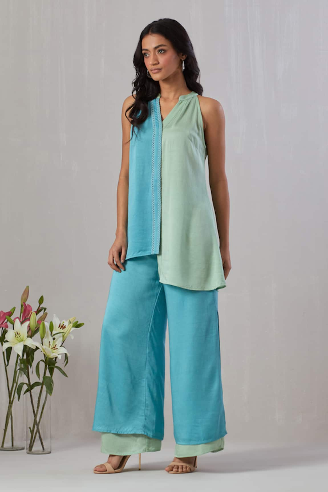 Grass & Sunshine Solid Top & Double-Layered Pant Set