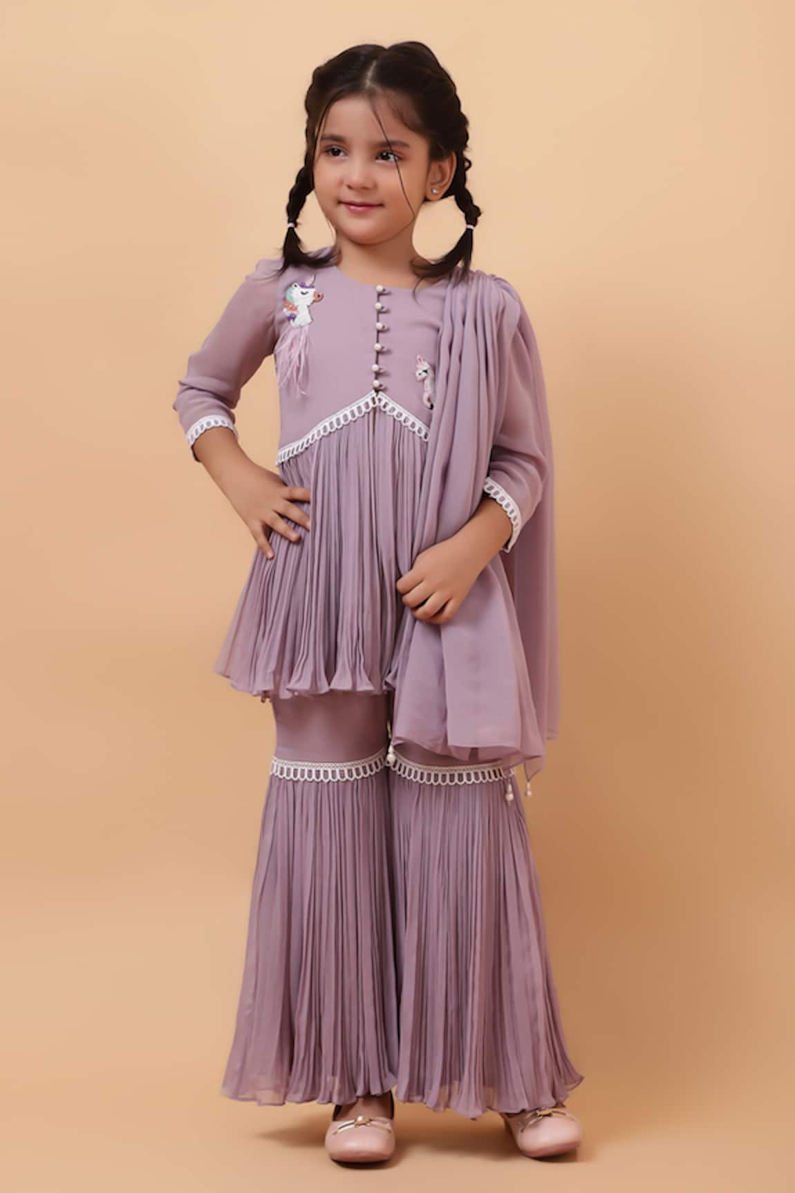 House of Tushaom Unicorn Embroidered Peplum Kurta Sharara Set