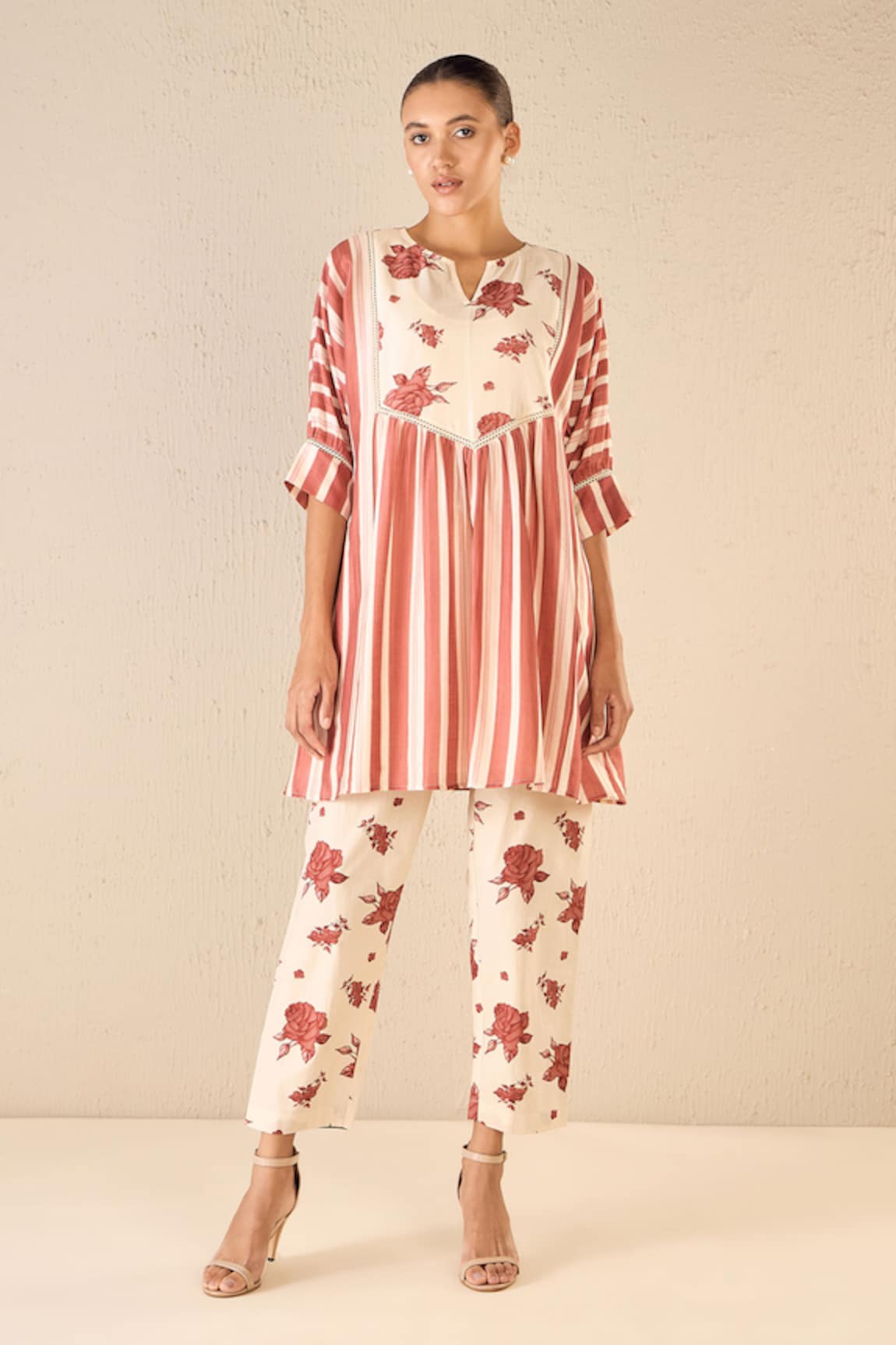 Shivani Bhargava Striped Print Tunic With Vintage Rose Print Pant