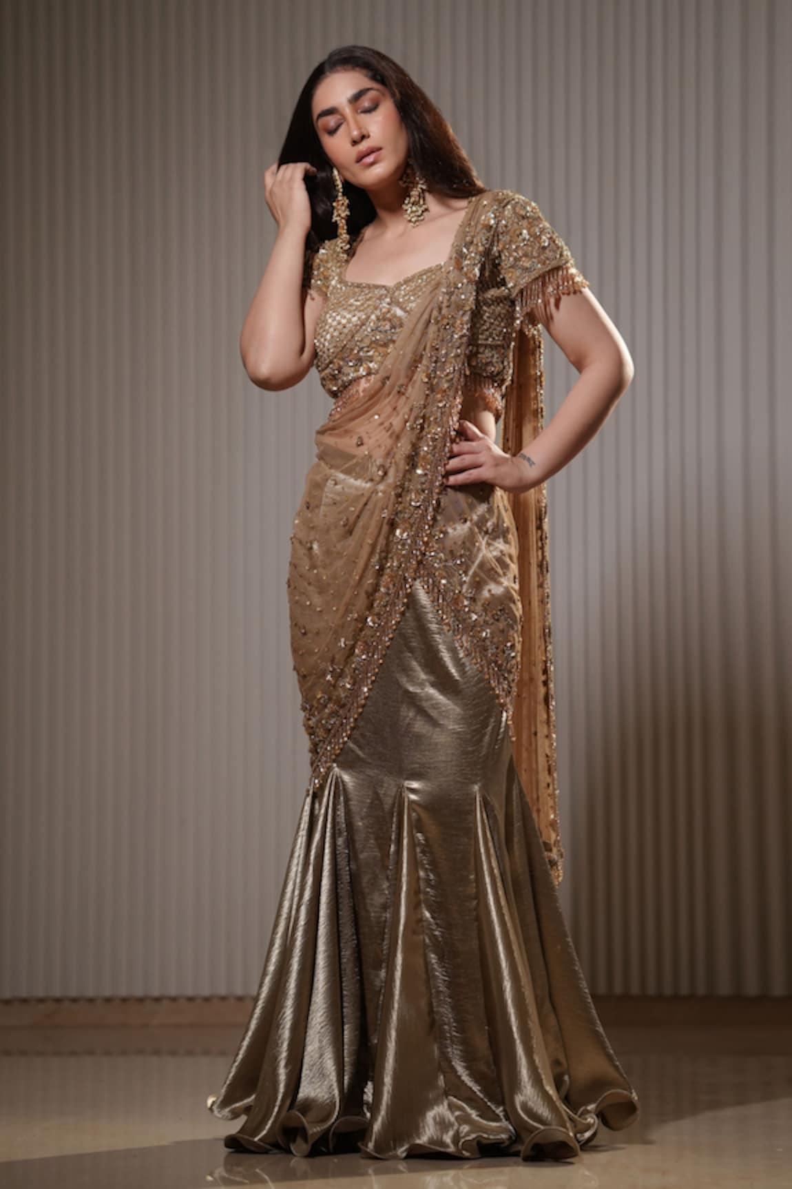 Mehul Gupta Cosmic Sequin Embroidered Pre-Draped Saree With Blouse