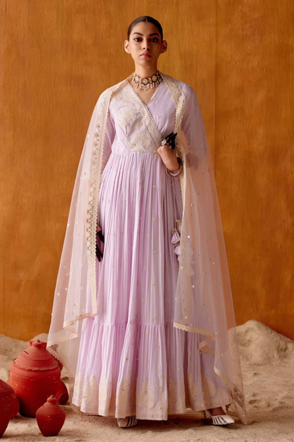 PREEVIN Embroidered Tower Angarkha Anarkali With Embroidered Dupatta