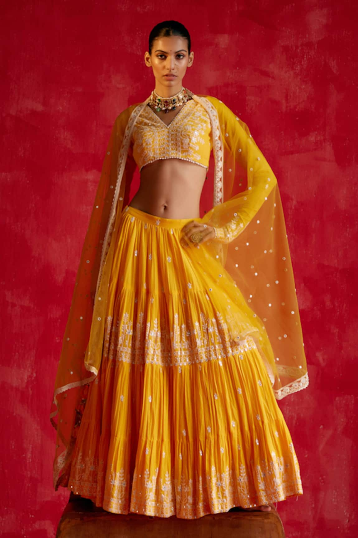 PREEVIN Pleated Lotus Embroidered Lehenga Set