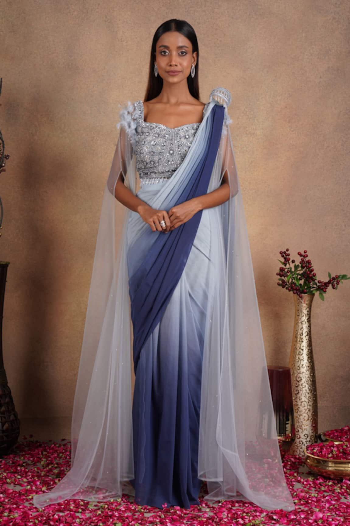 Chaashni By Maansi And Ketan Ombre Pre-Draped Saree With Embellished Cape Sleeve Blouse 