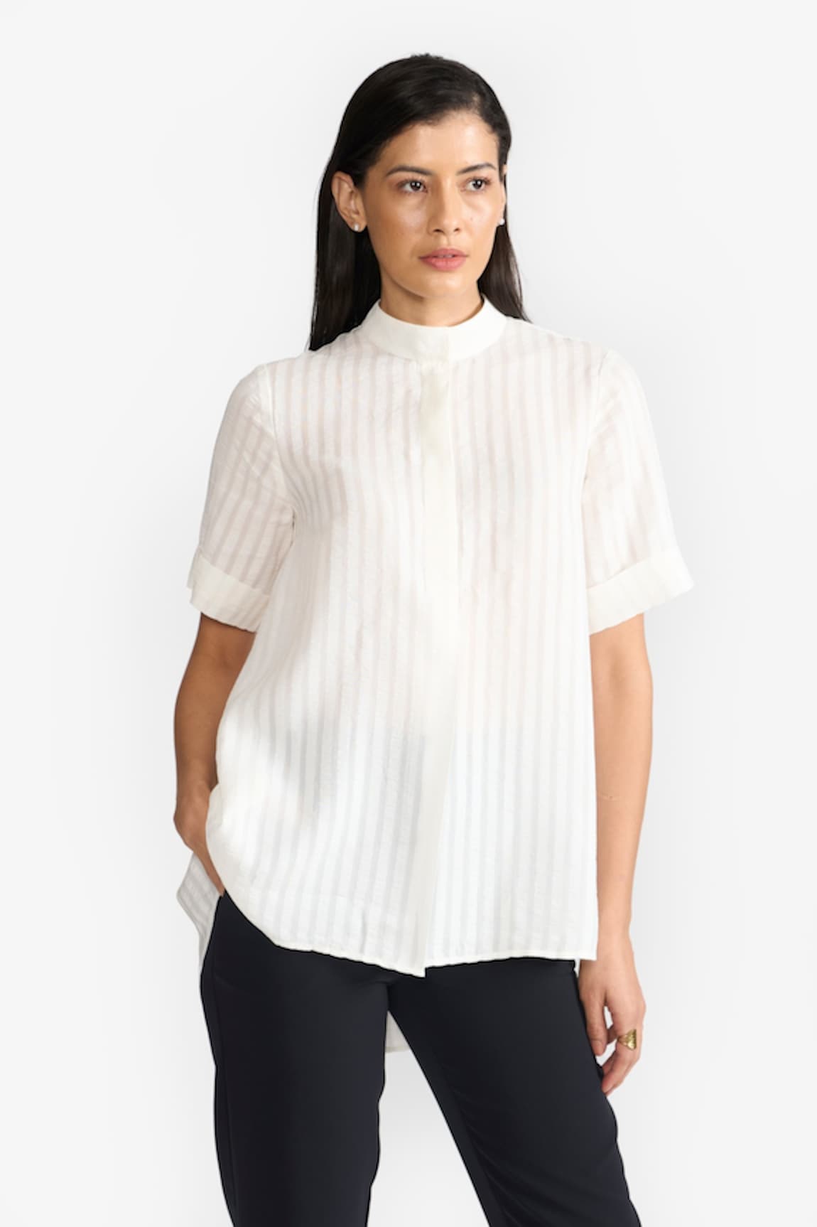 PERONA Elsa Stripe Pattern Asymmetric Shirt