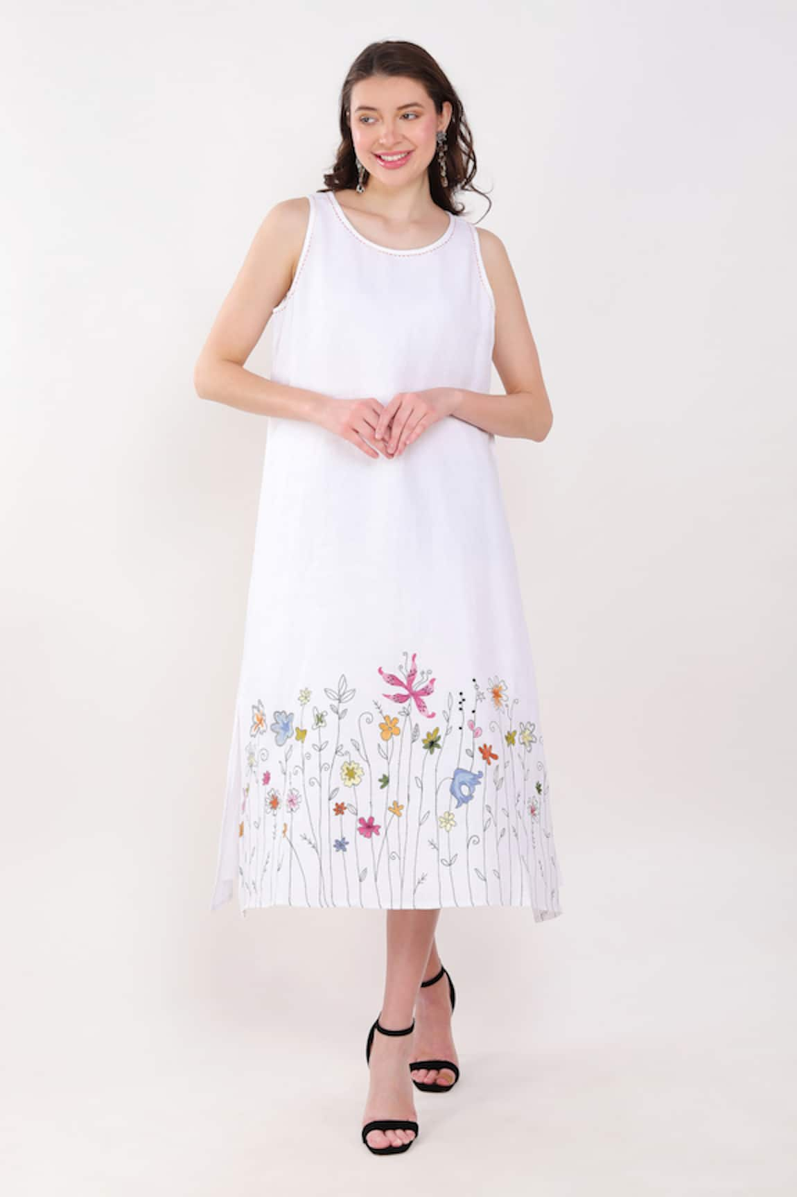 Linen Bloom Linen Floral Border Embroidered Dress