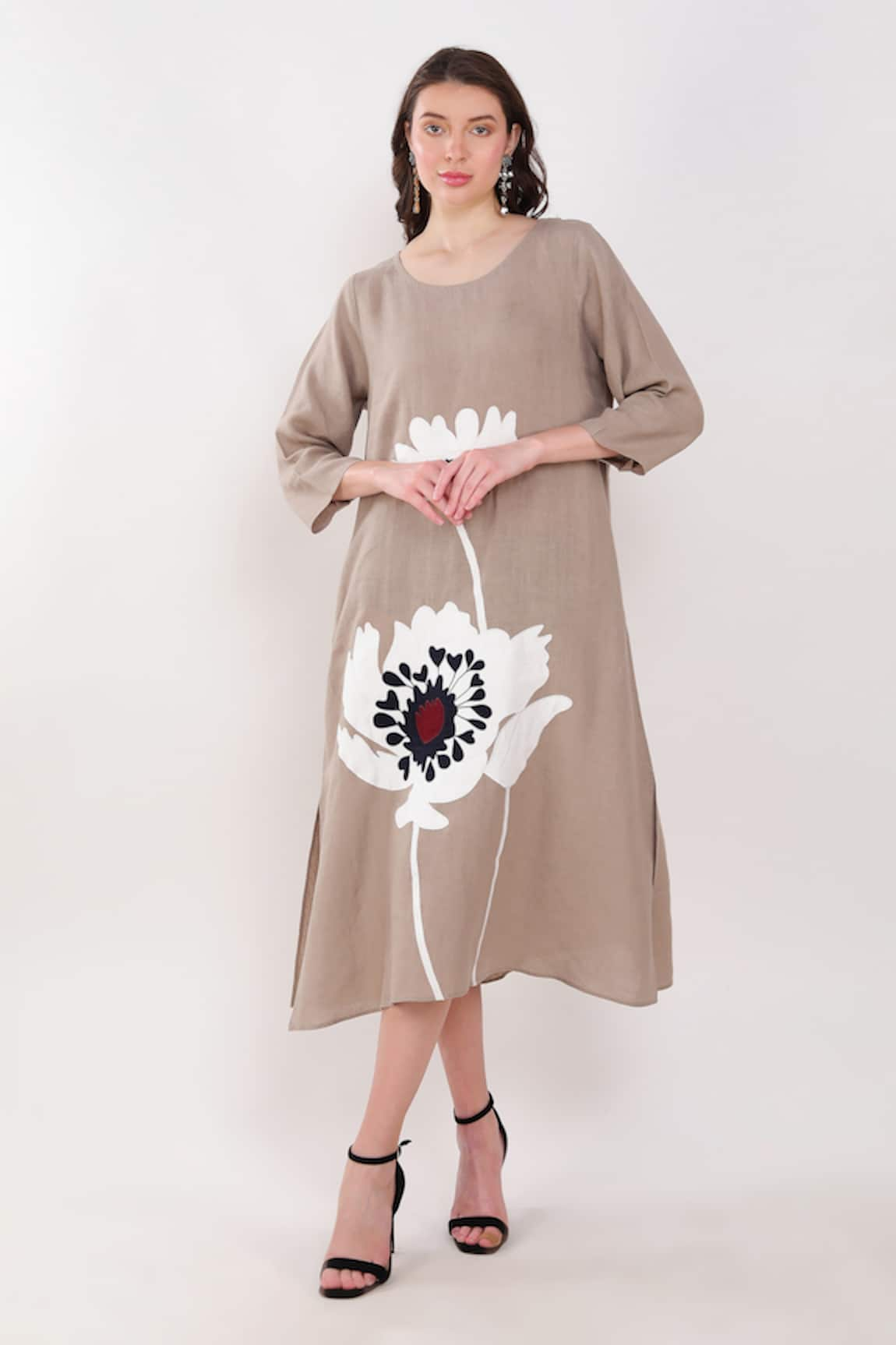 Linen Bloom Linen Patchwork Embroidered Dress