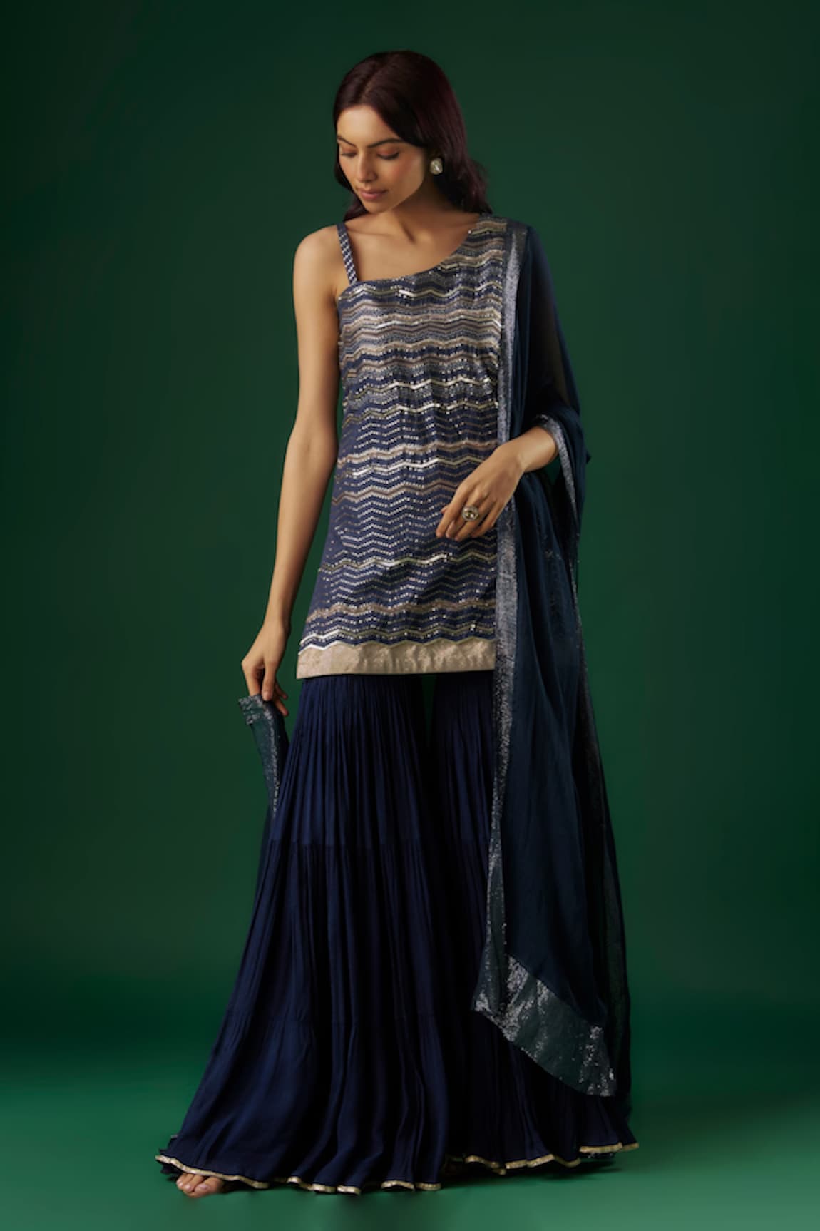 Breathe by Aakanksha Singh Alkimia Sequin Chevron One Shoulder Kurta Sharara Set