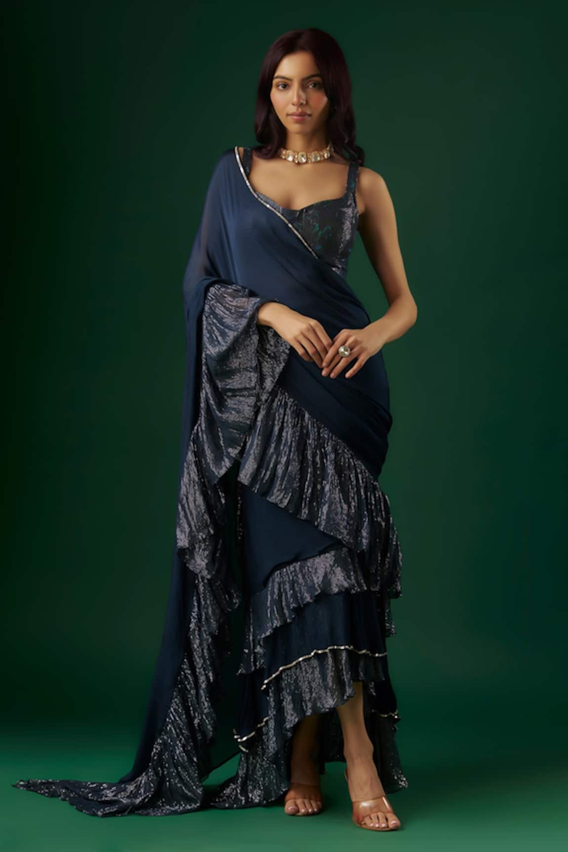 Breathe by Aakanksha Singh Augur Tiered Pre-Draped Ruffle Saree With Blouse