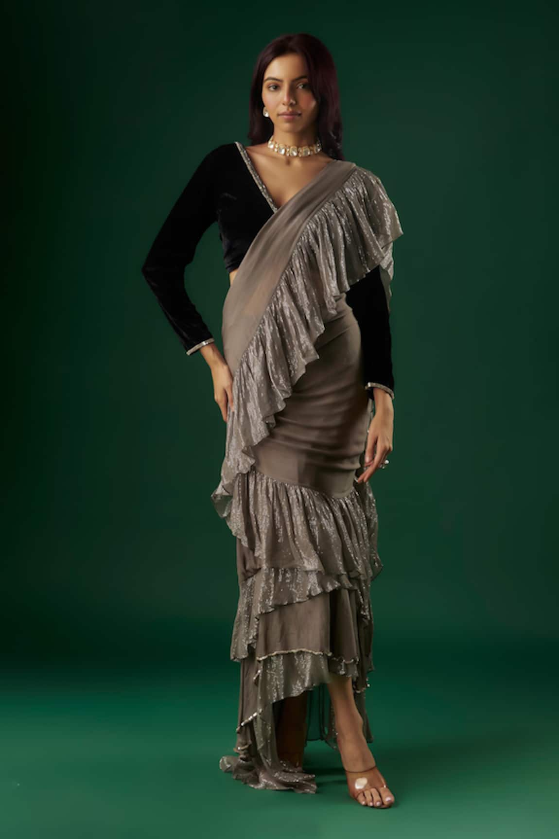 Breathe by Aakanksha Singh Charmer Pre-Draped Ruffle Tiered Saree With Blouse