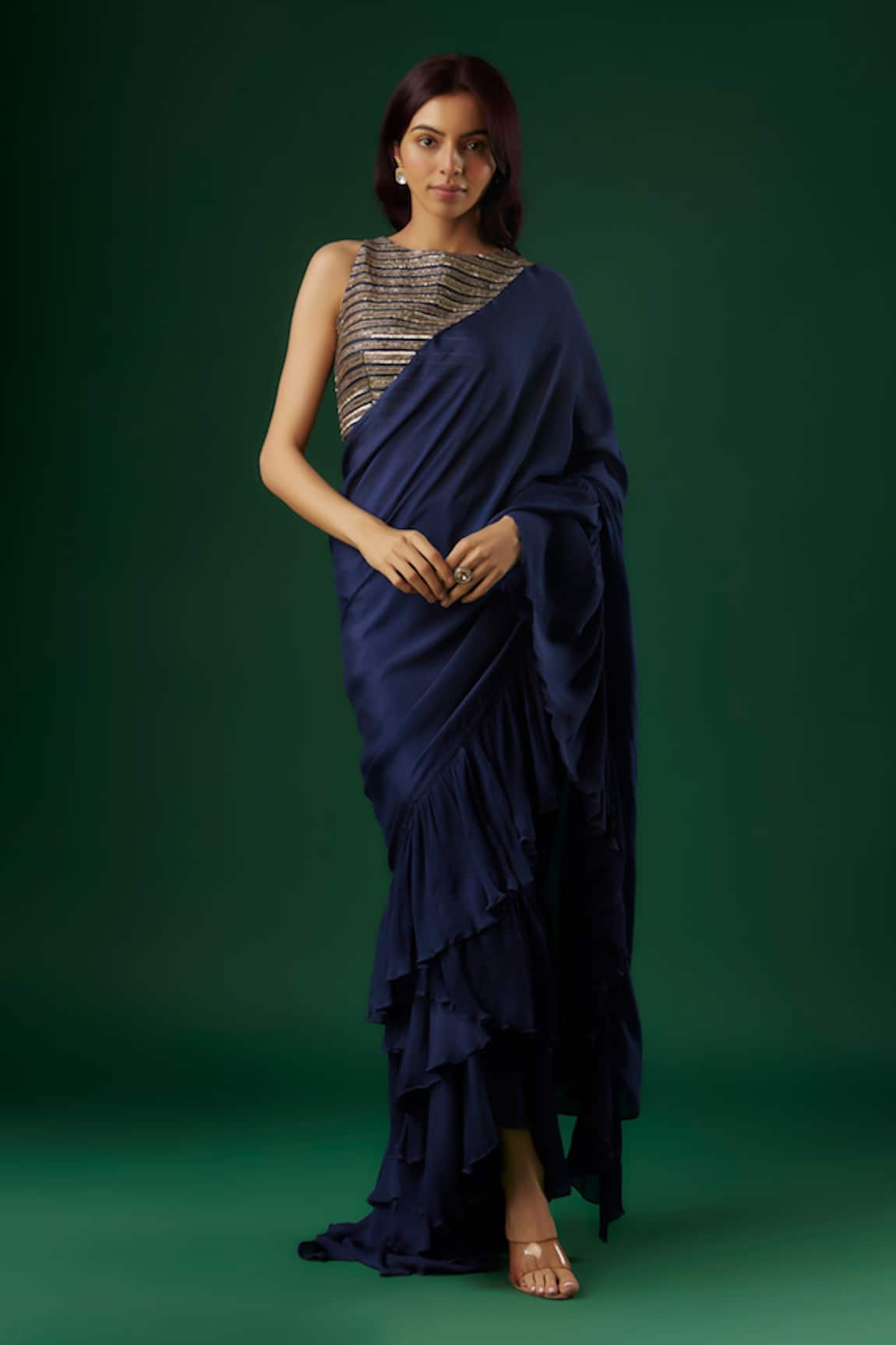 Breathe by Aakanksha Singh Cleopatra Solid Pre-Draped Ruffle Saree With Blouse