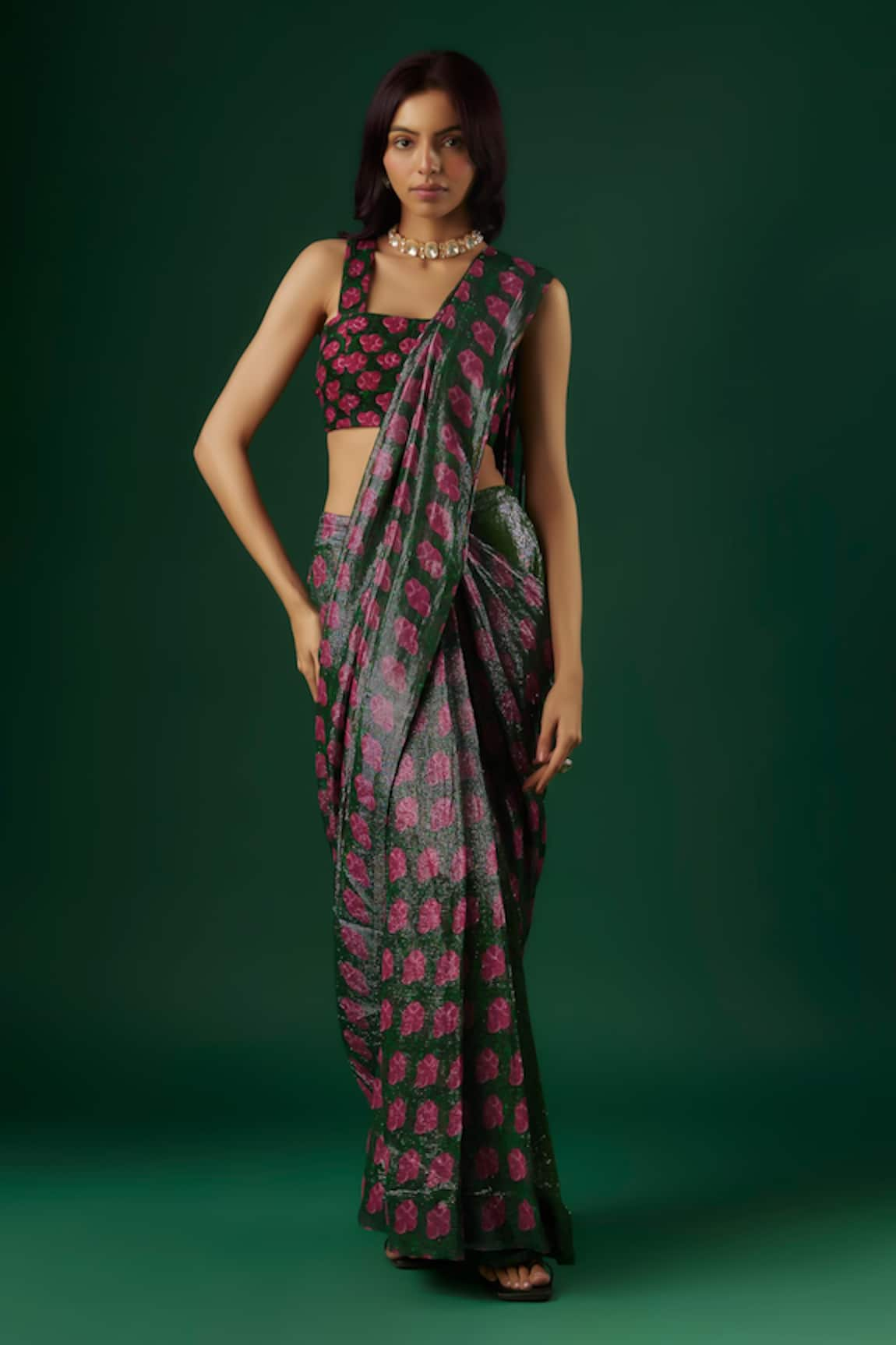 Breathe by Aakanksha Singh Mascot Floral Printed Pre-Draped Saree With Blouse