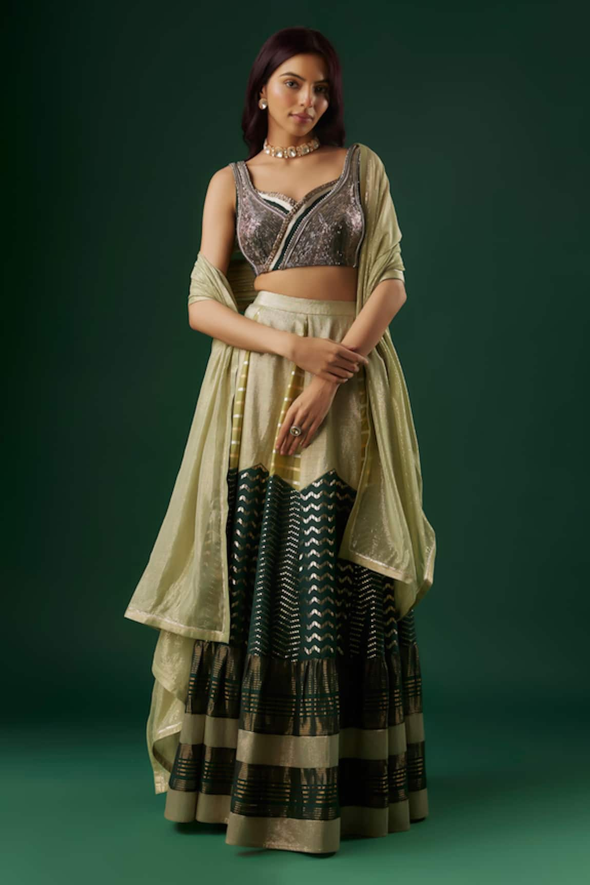 Breathe by Aakanksha Singh Talisman Textured Chevron Panelled Lehenga Set