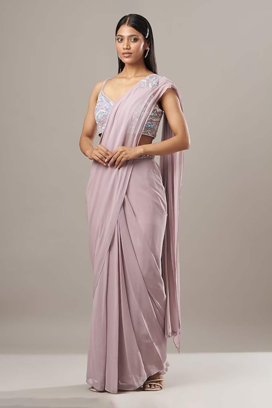 BAIDEHI Sequin Embroidered Pre-Draped Saree With Bustier