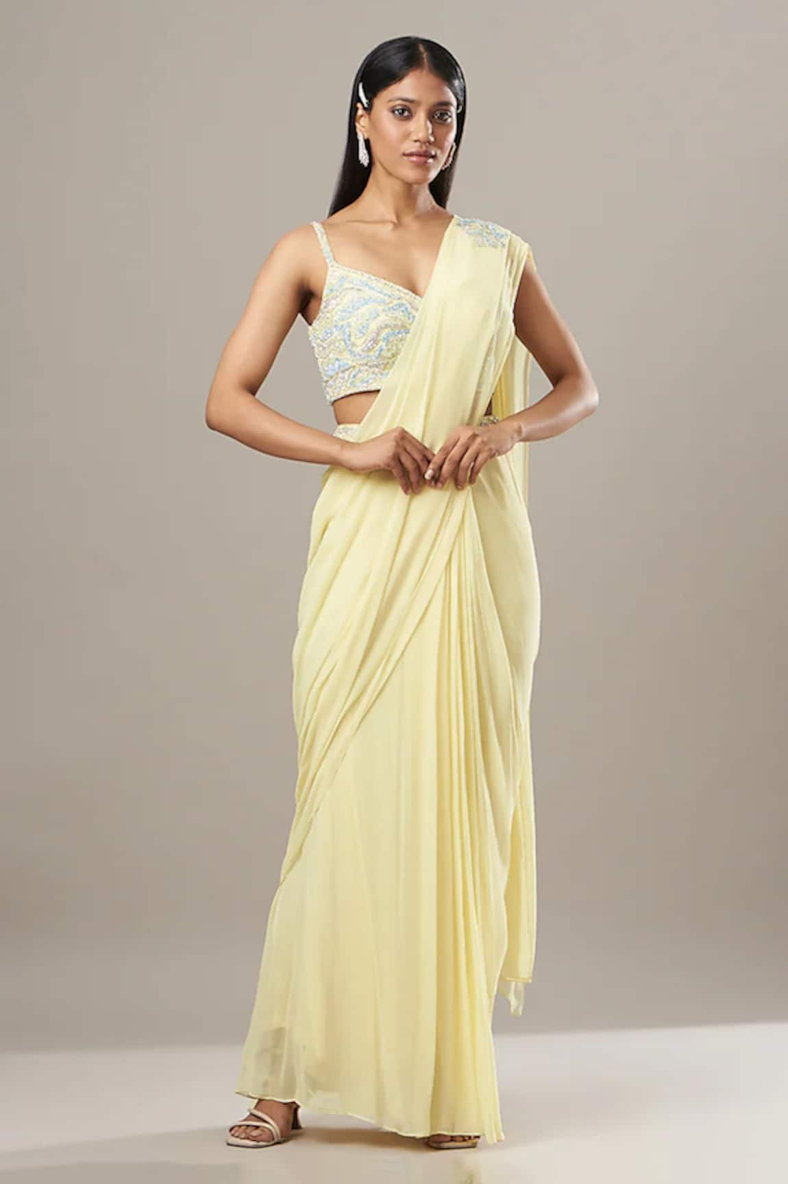 BAIDEHI Sequin Embroidered Pre-Draped Saree With Bustier