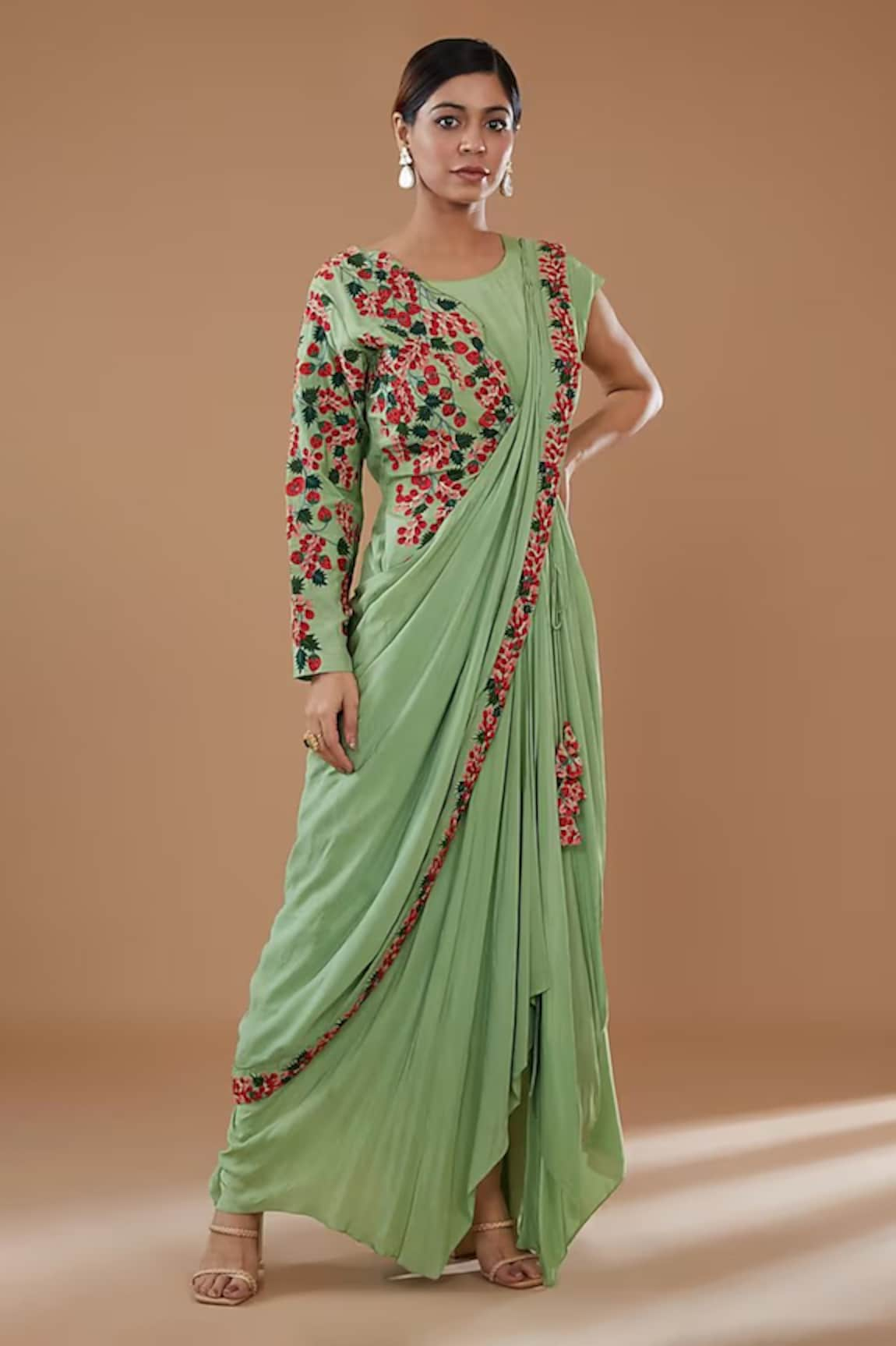 BAIDEHI Floral Embroidered Cowl Draped Gown