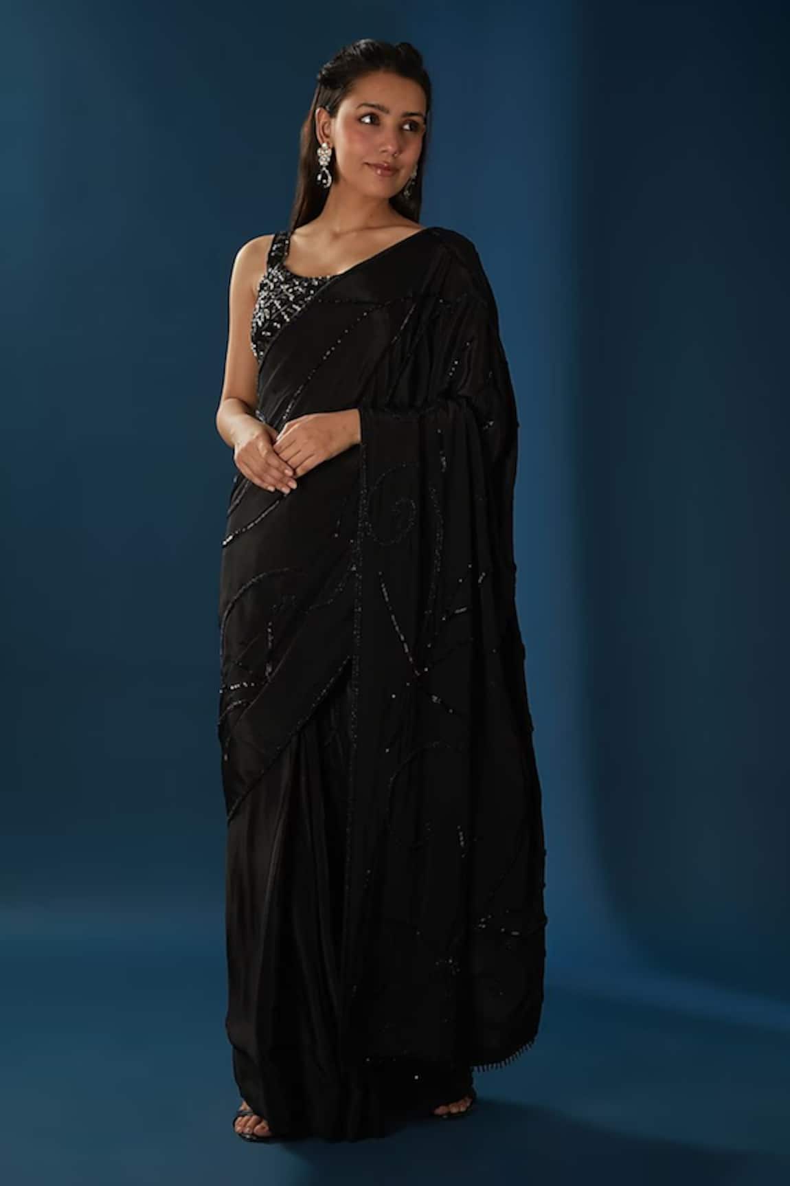 BAIDEHI Sequin Embroidered Pre-Draped Saree With Blouse