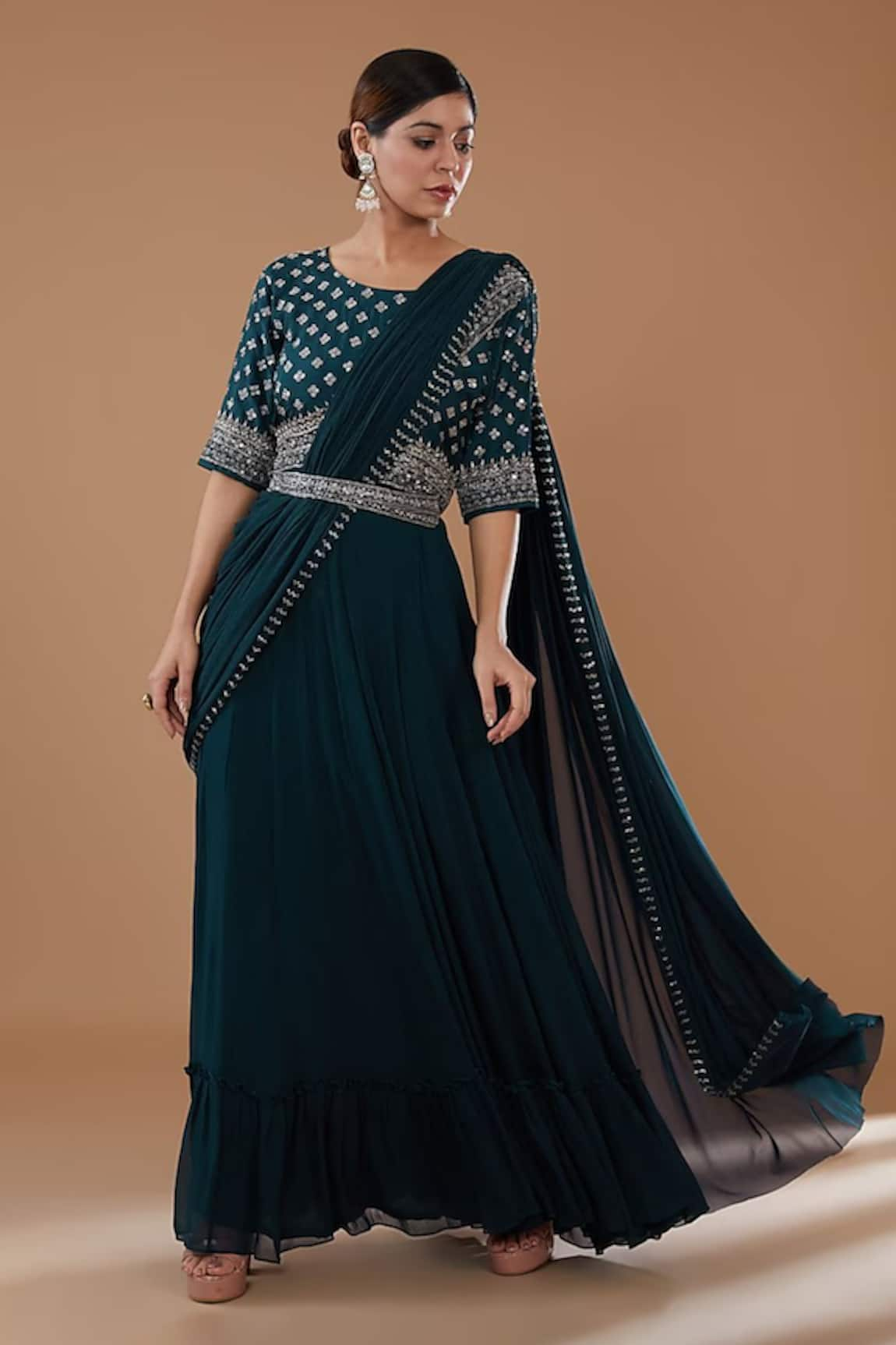 BAIDEHI Dabka Embroidered Pre-Draped Saree Gown With Belt