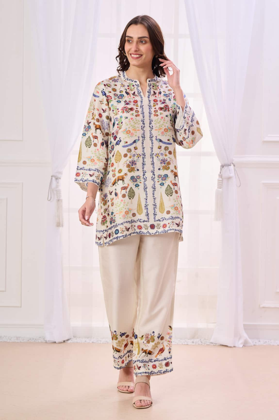 Taroob Safari Work Notched Neck Kurta & Pant Set