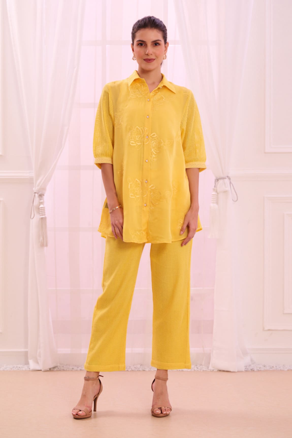 Taroob Floral Embroidered Collared Shirt & Pant Set