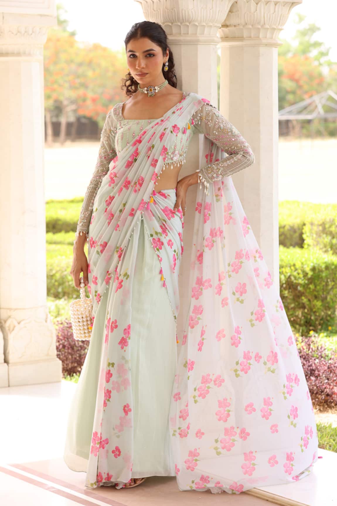 Manisha Soni Couture Floral Print Pre-Draped Saree With Blouse