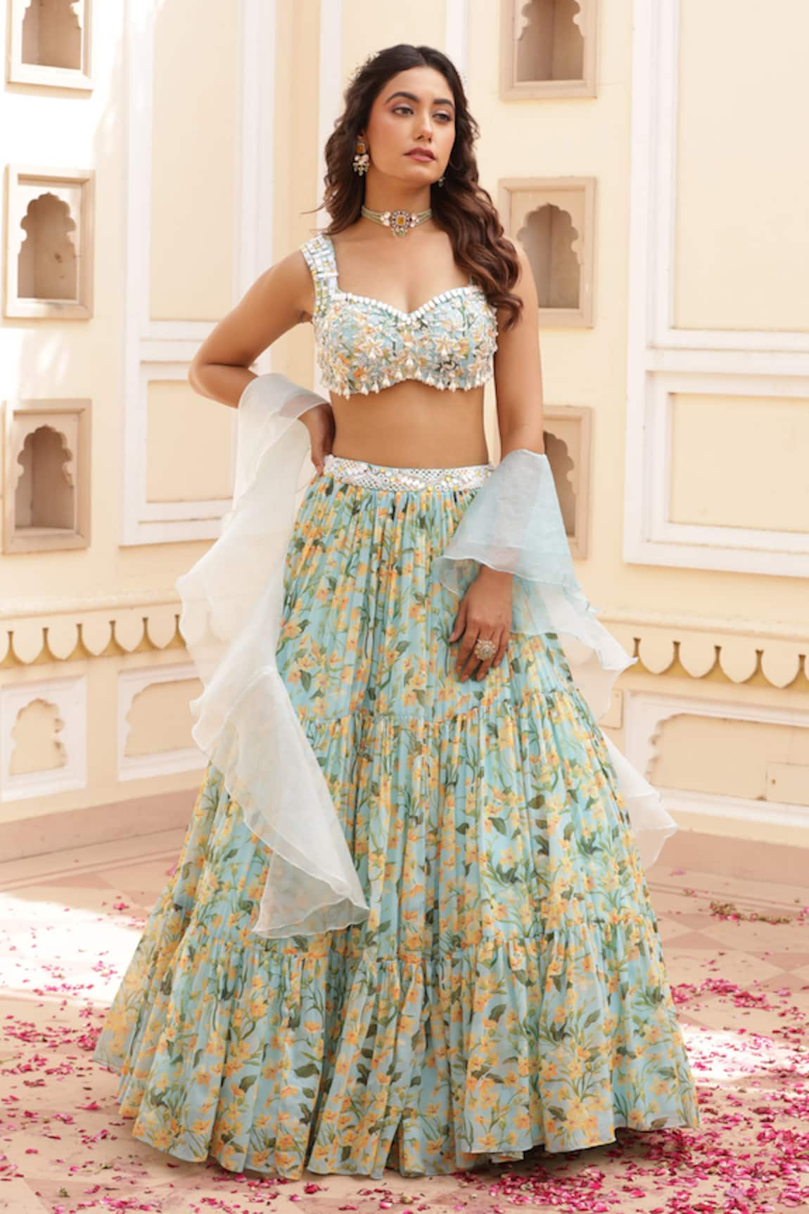 Manisha Soni Couture Floral Print Tiered Lehenga Blouse Set