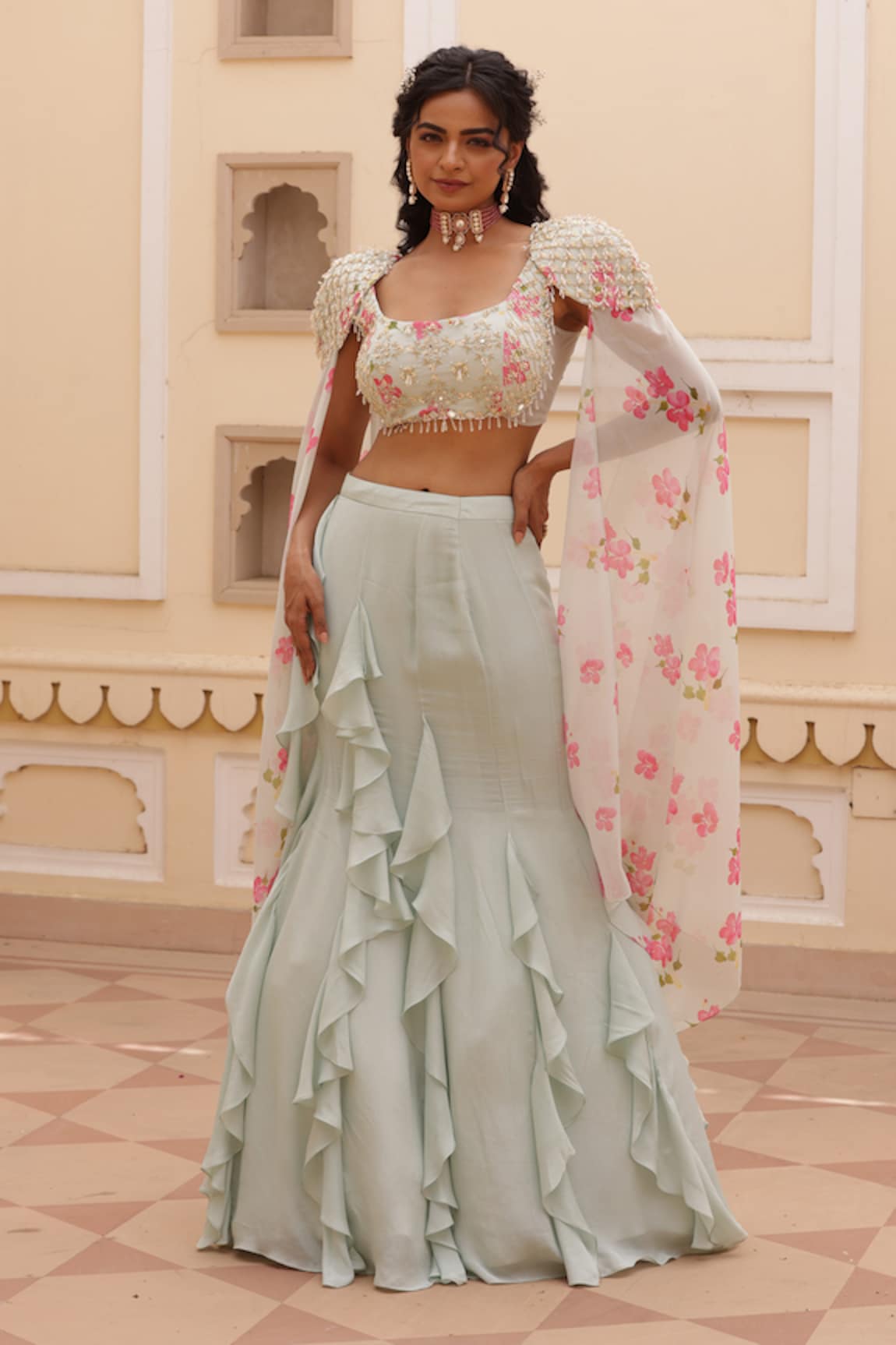 Manisha Soni Couture Embroidered Fish Cut Lehenga Set With Cape