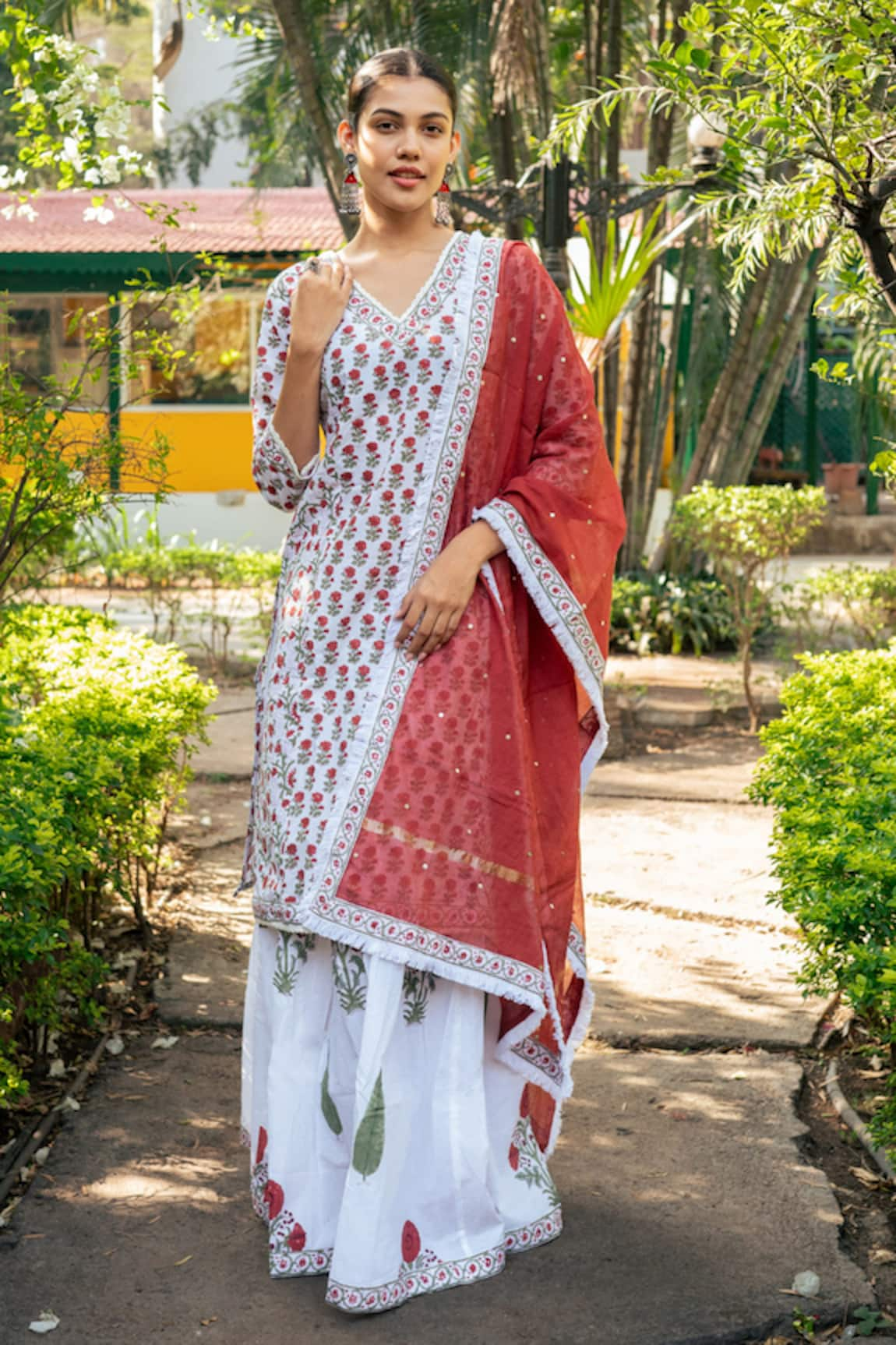 Maison Shefali Floral Hand Block Print Panelled Kurta Skirt Set