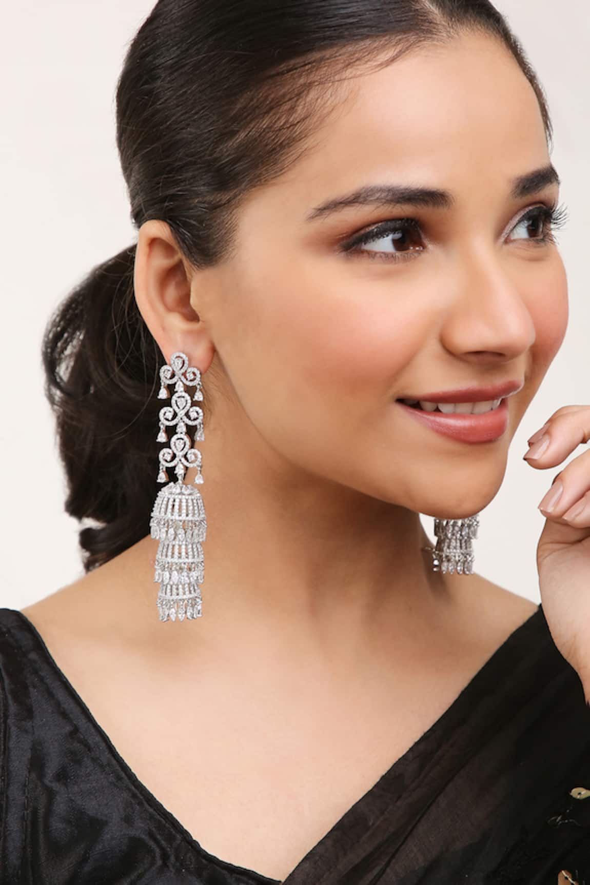 Khushi Jewels Cubic Zirconia Diamond Embellished Jhumka Long Earrings