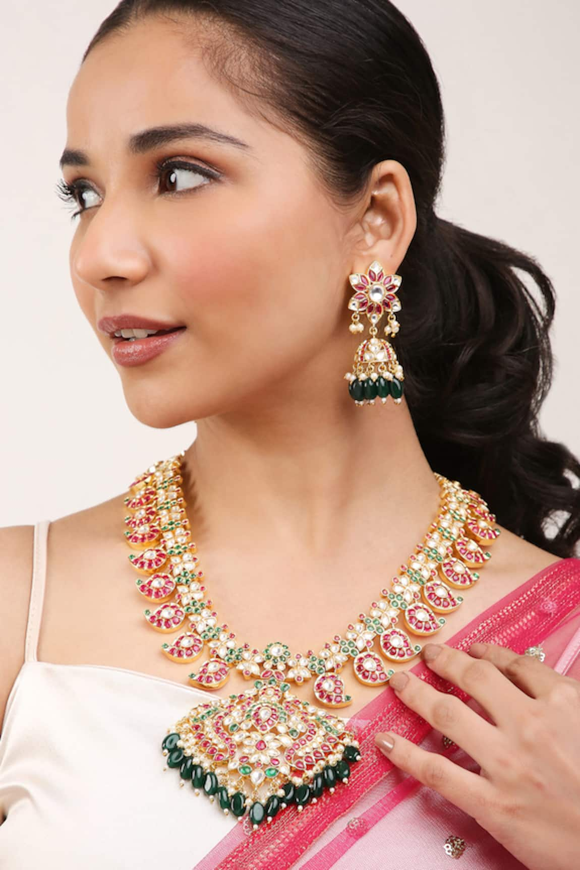 Khushi Jewels Kundan Embellished Long Pendant Necklace Set