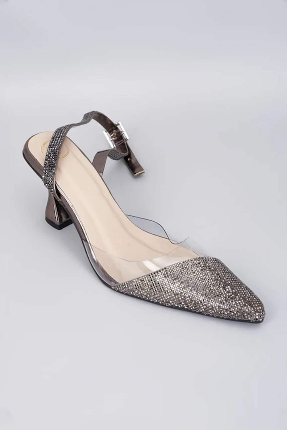 Sana K luxurious Footwear Sleek Cheek Rhinestone Embellished Gun Metal Heels