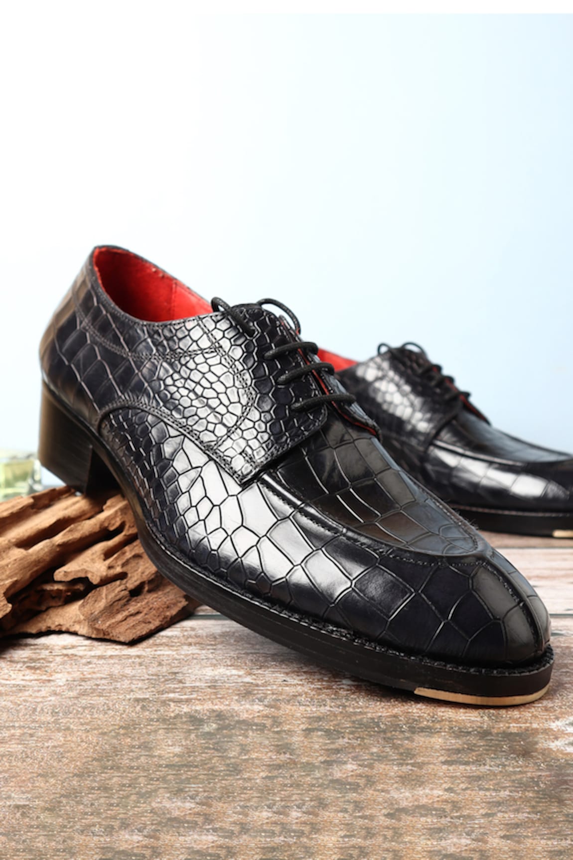 FELLMONGER Croco Glossed Apron Toe Derby Shoes