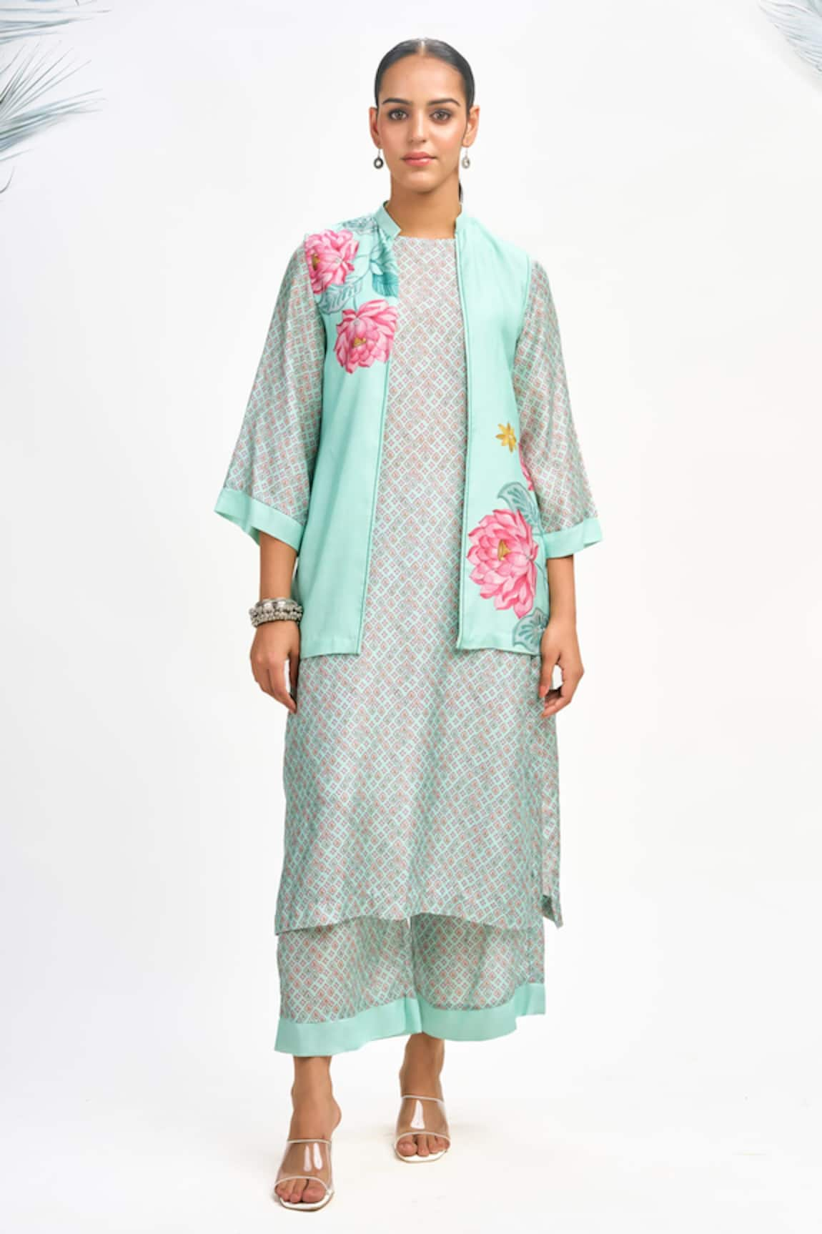 Tanu Malhotra Lotus Placement Print Jacket Kurta Set