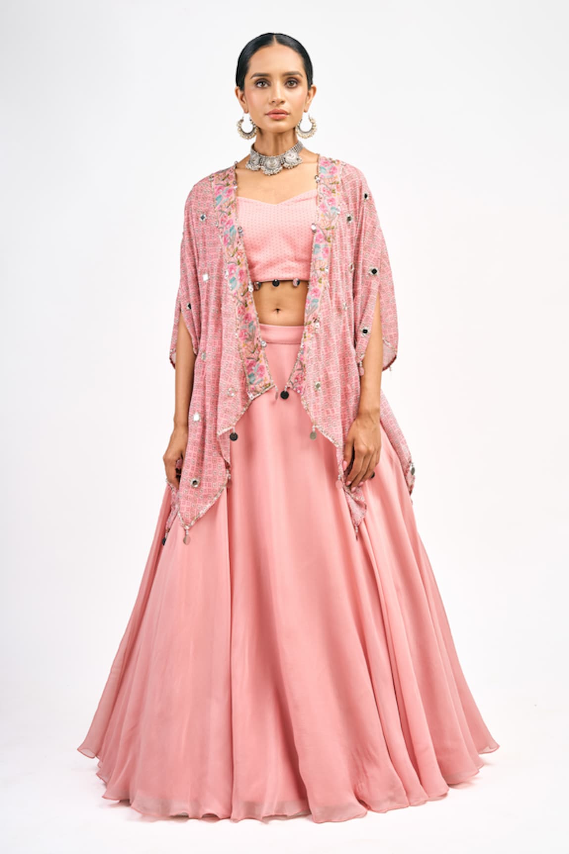 Tanu Malhotra Floral Butta Print Cape Skirt Set