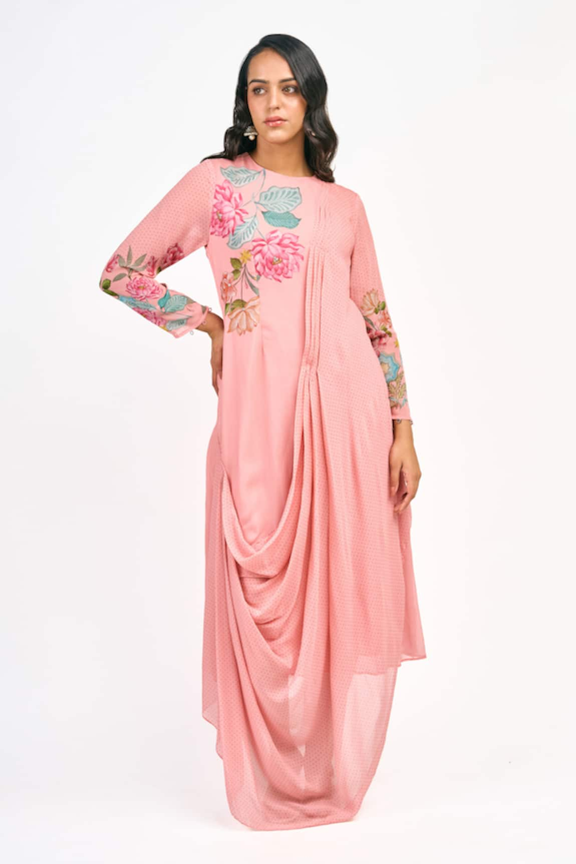 Tanu Malhotra Lotus Print Draped Dress