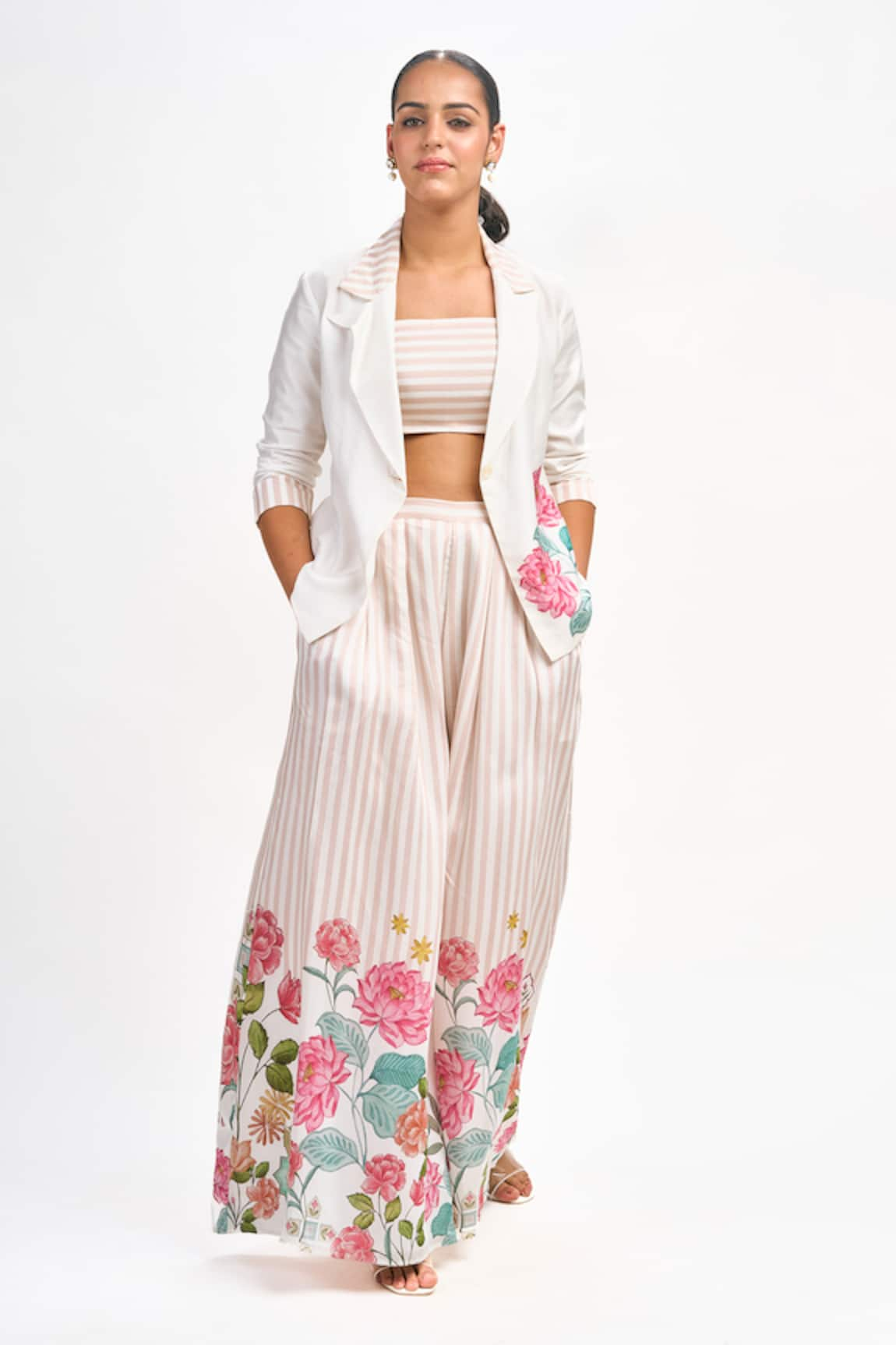 Tanu Malhotra Lotus Print Blazer Flared Pant Set