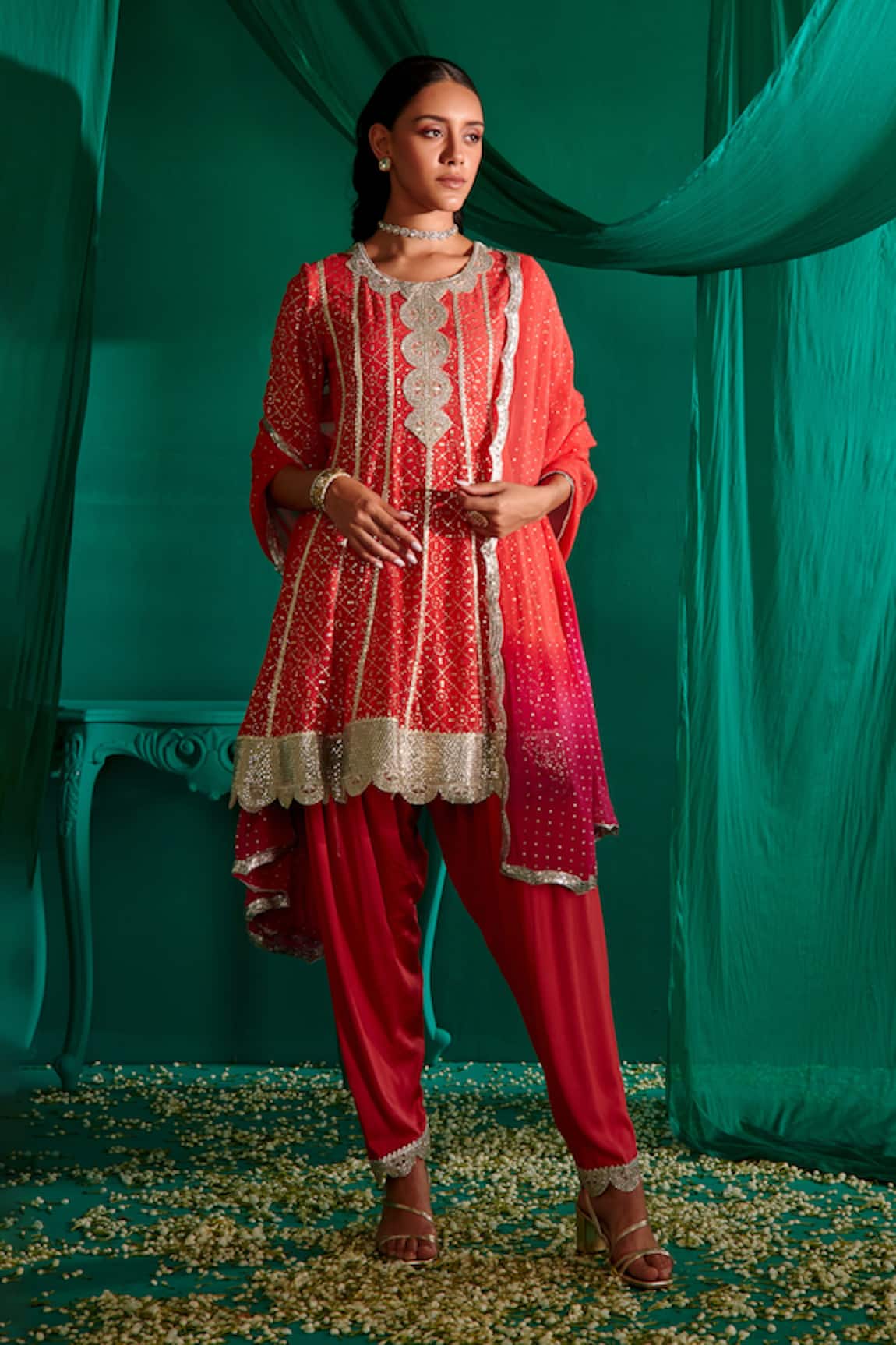 Mustard Moon By Neyha And Vrinda Mukaish Embroidered A-Line Kurta Salwar Set 
