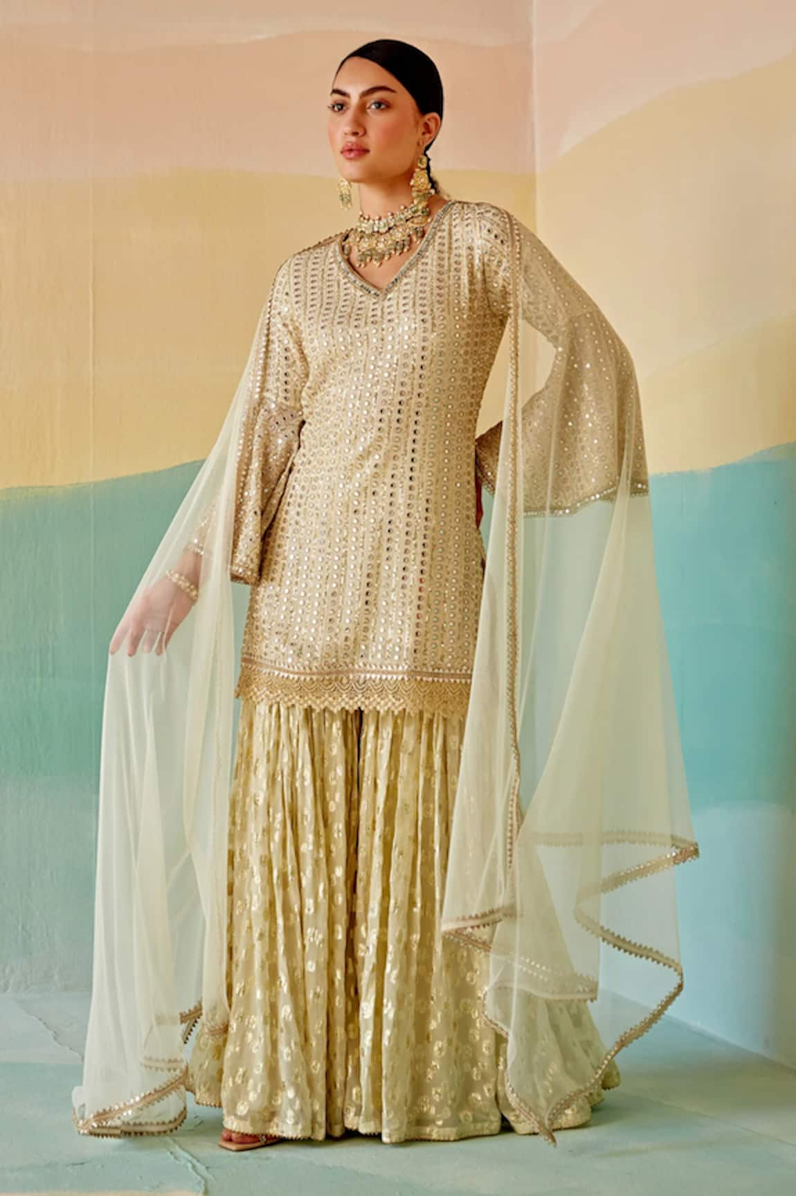 Mustard Moon by Neyha and Vrinda Mirror & Sequin Embroidered Kurta Sharara Set