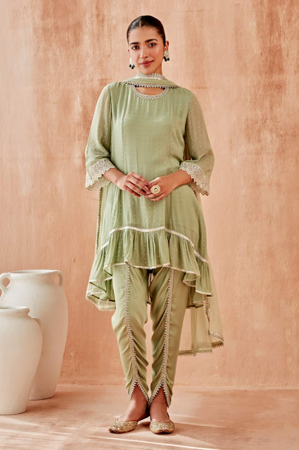 Mustard Moon by Neyha and Vrinda Mukaish Work High Low Kurta Sharara Set