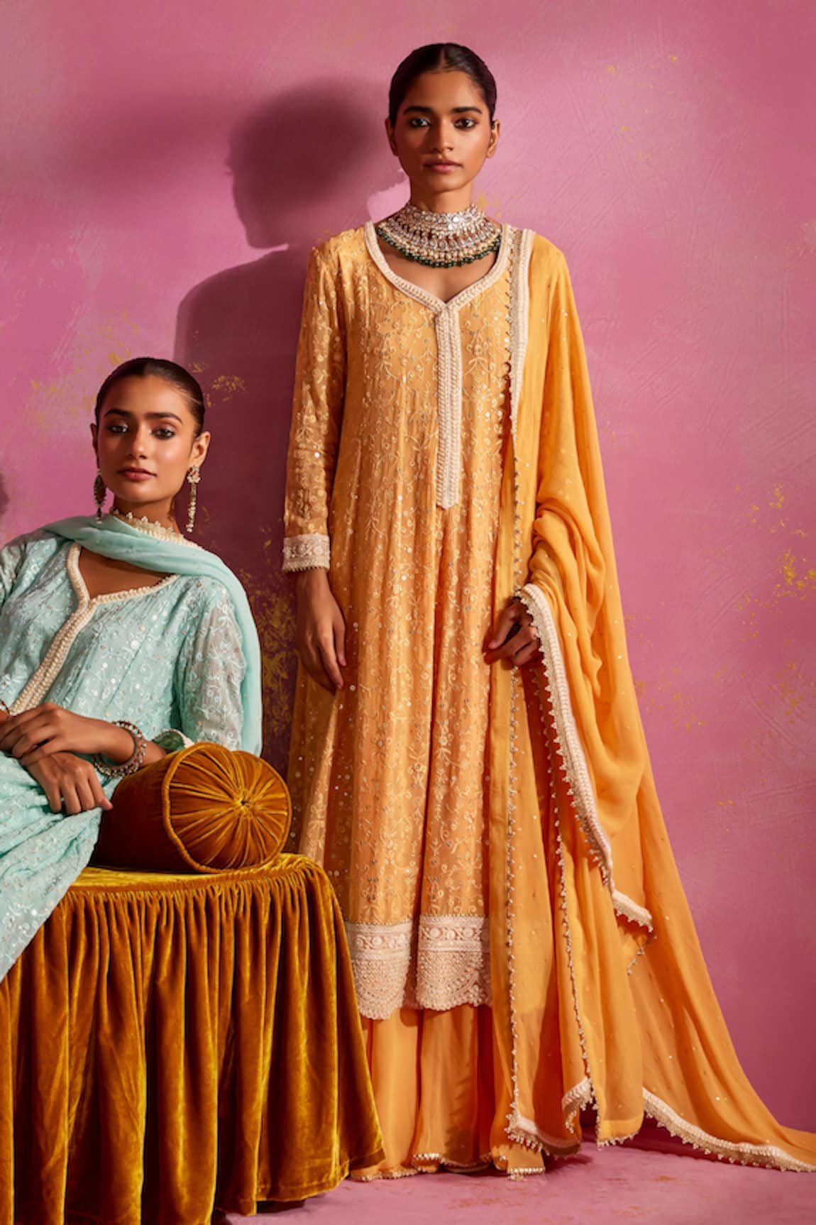 Mustard Moon by Neyha and Vrinda Sequins Embroidered Anarkali Sharara Set