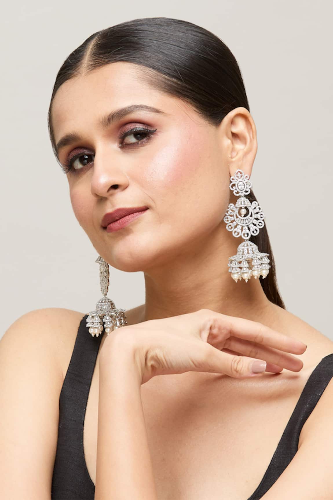 Chaotiq By Arti Floral Stone Studded Chandbali Jhumka Earrings 