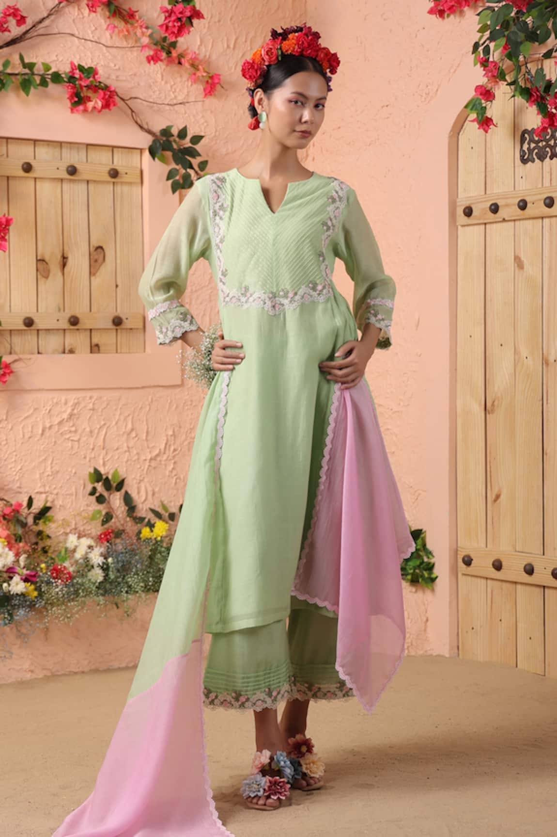 Charu Makkar Floral Lace Embellished Gathered Kurta Set